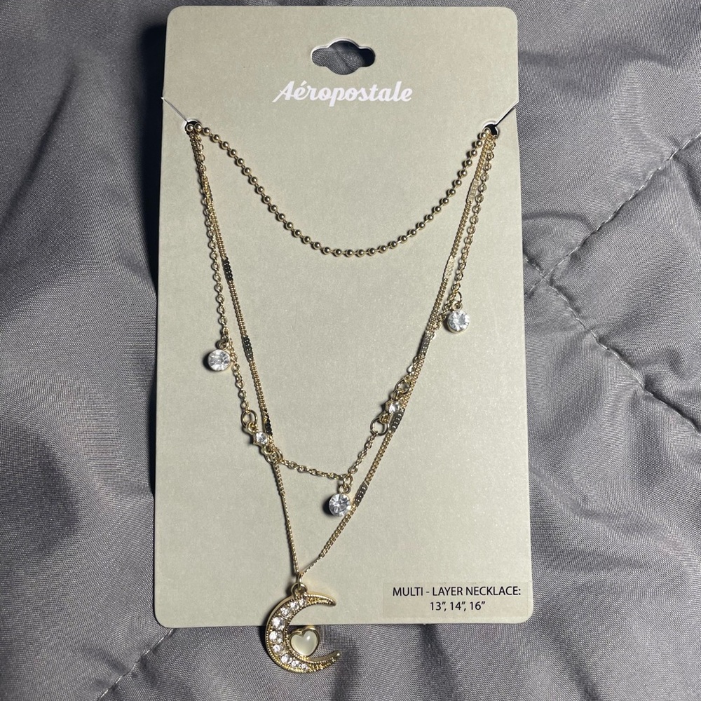 Aeropostale Gold Rhinestone Layered Necklace Set with Moon Pendant
